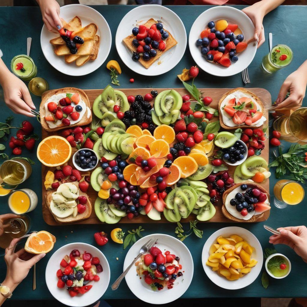 A beautifully arranged table set for a vibrant celebration, featuring an array of delicious toast varieties topped with colorful fruits, spreads, and gourmet ingredients. In the background, cheerful friends clink their glasses, immersed in laughter and joy. Soft, warm lighting enhances the happy atmosphere, surrounded by greenery, symbolizing freshness and life. The scene radiates a sense of unforgettable experiences and flavorful pairings. super-realistic. vibrant colors. warm atmosphere.