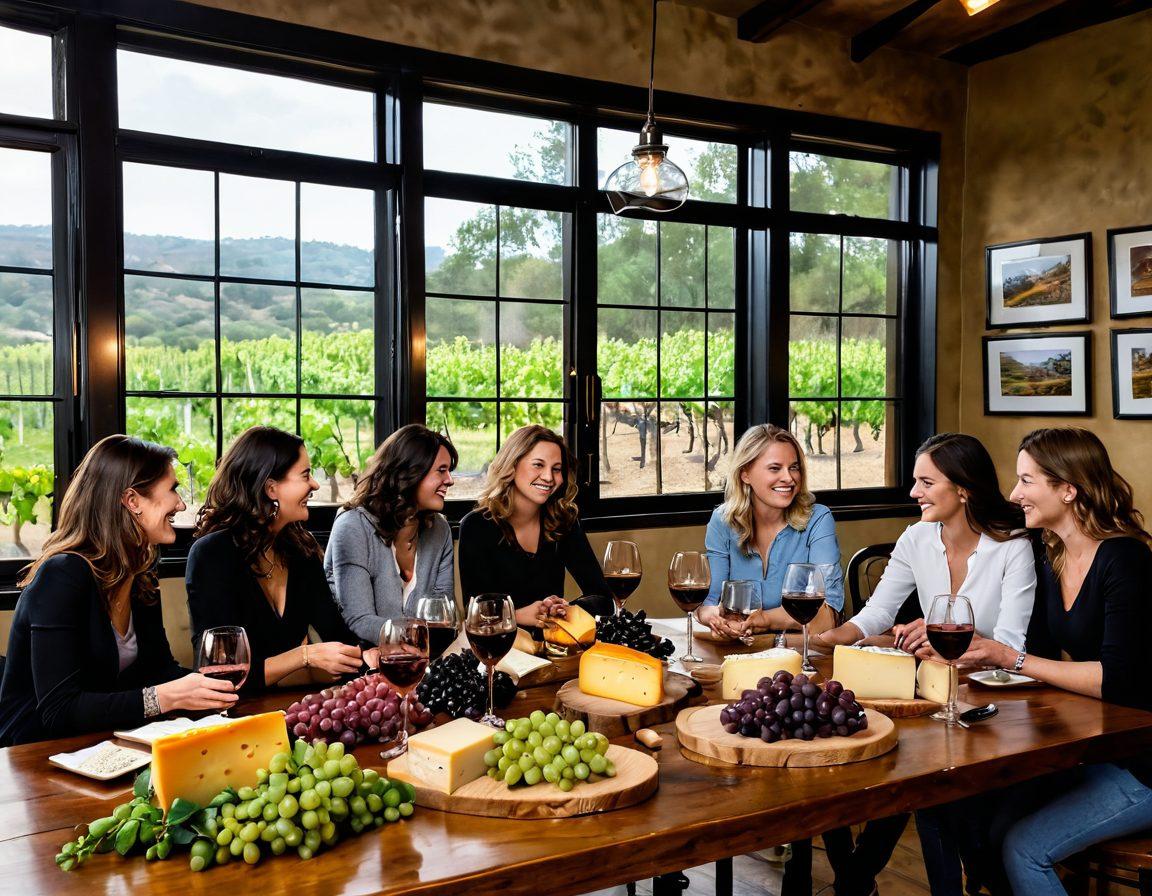 A vibrant wine tasting scene inside the Bassoro Tasting Room, showcasing a diverse group of enthusiastic wine lovers sharing laughter and clinking glasses. Lush grapevines visible through large windows, with warm ambient lighting enhancing the cozy atmosphere. Include bottles of exquisite wine on the wooden tasting table, surrounded by elegant glassware, and a colorful cheese platter. The background should depict a scenic vineyard, celebrating the joy of life and community in wine culture. super-realistic. vibrant colors. cozy ambiance.