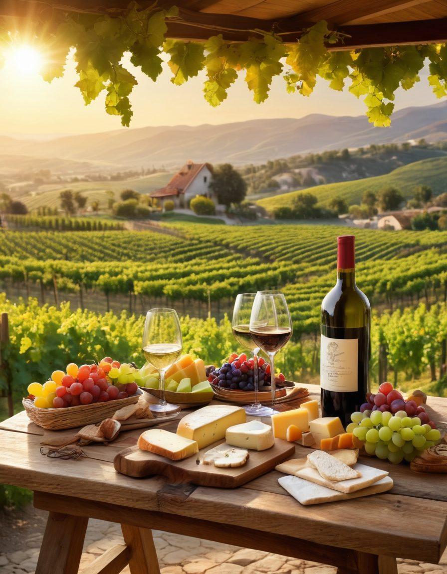 A picturesque vineyard landscape at sunset, with lush green grapevines and a rustic wooden table set for a wine tasting, featuring elegantly poured glasses of red and white wine. Include elements of celebration like cheerful friends toasting and enjoying gourmet cheeses, fruits, and artisanal bread, creating a warm, inviting atmosphere. super-realistic. vibrant colors. soft lighting.